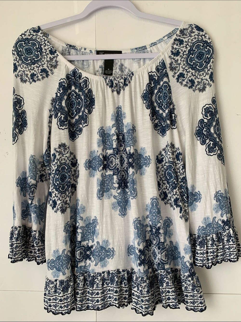 INC International Concepts White Tunic with Blue Medallion Print Size M